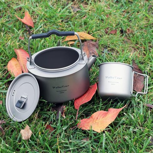WolkeTour Titanium Mug 320ml & Kettle 1.0L with Foldable Handle Filter Ultralight Portable Teapot, Big Capacity Pot for Boiling Water Coffee Tea, for Outdoor Camping Hiking in Saudi Arabia