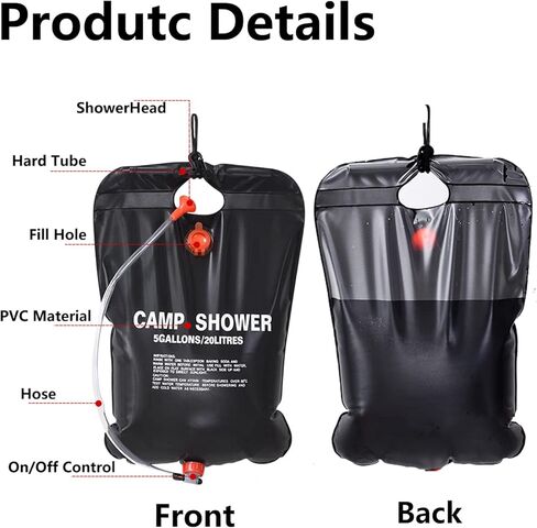 حقيبة دش بالطاقة الشمسية، 2 عبوة 5 جالون/20 لتر حقيبة دش للتخييم والتدفئة بالطاقة الشمسية، حقيبة دش محمولة مع خرطوم قابل للإزالة ورأس دش قابل للتحويل للتخييم والتسلق والمشي لمسافات طويلة والسفر في الهواء الطلق in Kuwait