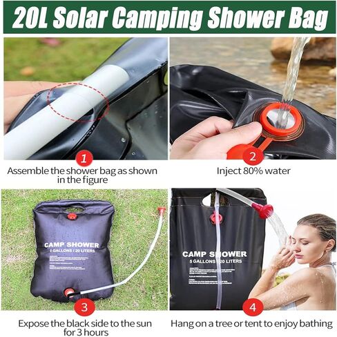 حقيبة استحمام تعمل بالطاقة الشمسية، حقيبة استحمام للتخييم بسعة 5 جالون/20 لتر، حقيبة استحمام محمولة مع خرطوم قابل للإزالة ورأس دش قابل للتشغيل والإيقاف للتخييم والشاطئ والسباحة والسفر في الهواء الطلق in Kuwait
