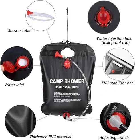 حقيبة استحمام تعمل بالطاقة الشمسية، حقيبة استحمام للتخييم بسعة 5 جالون/20 لتر، حقيبة استحمام محمولة مع خرطوم قابل للإزالة ورأس دش قابل للتشغيل والإيقاف للتخييم والشاطئ والسباحة والسفر في الهواء الطلق in Kuwait