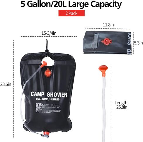 حقيبة دش بالطاقة الشمسية من AYQWE، 1/2/4 حزمة 5 جالون/20 لتر، حقيبة استحمام للتخييم، حقيبة استحمام محمولة مع خرطوم قابل للإزالة ورأس دش قابل للتحويل للتخييم والشاطئ والسباحة والسفر في الهواء الطلق in Kuwait
