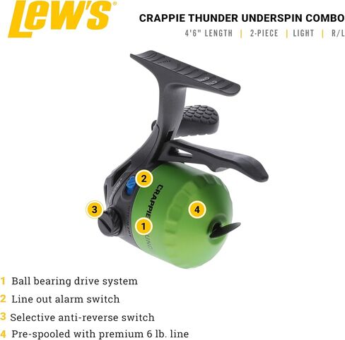 Lew's Crappie Thunder Underspin Reel and Fishing Rod Combo, 4-Foot 6-Inch 2-Piece Graphite Blank, Right or Left-Hand Retrieve, Crappie Thunder Green in Saudi Arabia