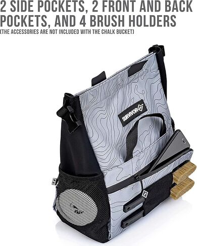 SURVIVOR Chalk Bucket with Iconic Topographical Map - Large Size Chalk Bag for Climbing & Bouldering - Light Gray Chalk Pot with Magnetic Closure, 2 Zippered Pockets, 2 Side Pockets & 4 Brush Holders in Kuwait