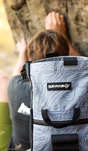 SURVIVOR Chalk Bucket with Iconic Topographical Map - Large Size Chalk Bag for Climbing & Bouldering - Light Gray Chalk Pot with Magnetic Closure, 2 Zippered Pockets, 2 Side Pockets & 4 Brush Holders in Kuwait