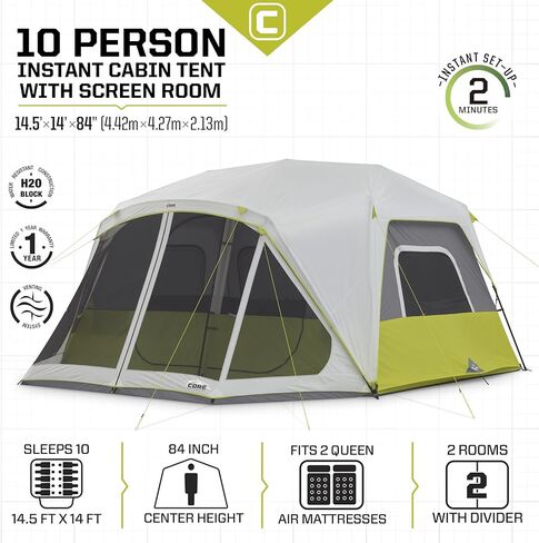 CORE 10 Person Instant Cabin Tent | 2 Room Huge Tent with Screen Room for Family with Storage Pockets for Camping Accessories | Portable Large Pop Up Tent for 2 Minute Camp Setup in Saudi Arabia