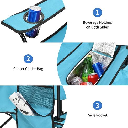 كراسي نزهة مزدوجة قابلة للطي من Goplus مع مظلة صغيرة وحامل مشروبات وحقيبة حمل للشاطئ وفناء حمام السباحة والحديقة في الهواء الطلق كرسي تخييم محمول (أسود) in Kuwait