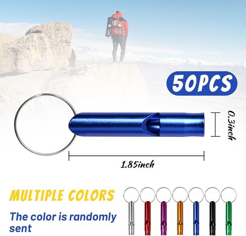 بوبوك 50 صفارة طوارئ من الالومنيوم بصوت عالٍ للغاية مع سلسلة مفاتيح للطوارئ وحلقة مفاتيح للرياضات الخارجية والتخييم والمشي لمسافات طويلة وركوب القوارب وصيد الاسماك، الوان متنوعة in Kuwait