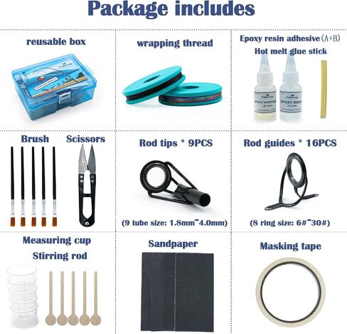 FishTrip Fishing Rod Guides Tips Repair Kit for DIY Rod Repair | Fishing Pole Complete Supplies Kit with 8 Size Pole Guides, 9 Size Tips, Epoxy Adhesive, Glue, Wrapping Thread, Tape in Kuwait