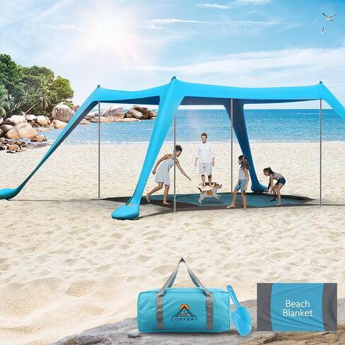 COPFERY Beach Tent Sun Shelter for Family 10x10 FT UPF50+ Windproof Beach Canopy with Mat, Sand Shovel, Ground Pegs and Stability 4 Aluminum Poles in Saudi Arabia
