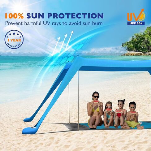 COPFERY Beach Tent Sun Shelter for Family 10x10 FT UPF50+ Windproof Beach Canopy with Mat, Sand Shovel, Ground Pegs and Stability 4 Aluminum Poles in Saudi Arabia
