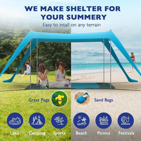 COPFERY Beach Tent Sun Shelter for Family 10x10 FT UPF50+ Windproof Beach Canopy with Mat, Sand Shovel, Ground Pegs and Stability 4 Aluminum Poles in Saudi Arabia