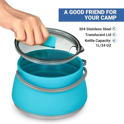 EEZEE 1L Collapsible Camping Kettle Portable Travel Kettle Folding Silicone Camping Cook Pot Foldable Compact Hiking Water Boiler with Lid BPA-Free Backpacking Pot in Kuwait