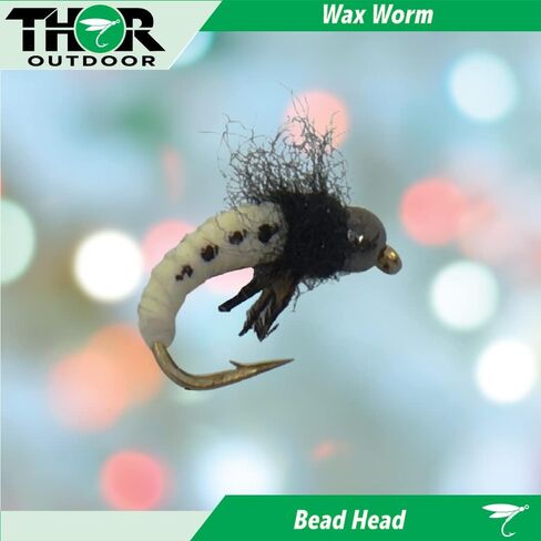 Thor Outdoor BH Wax Worm Fly - 6 Pc Fly Fishing Assortment - Hook Size #10 - Grub Larvae Immitation for Panfish, Trout, and Steelhead in Saudi Arabia