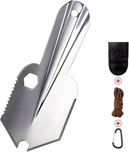 مجرفة تخييم خفيفة الوزن من ال دبليو سي يو اس ان جيه مصنوعة من الستانلس ستيل 3CR13 للاستخدام الخارجي والحديقة والمشي لمسافات طويلة والتخييم وحفر البستنة مع سلك بطول 1.5 متر ومشبك حبل in Kuwait