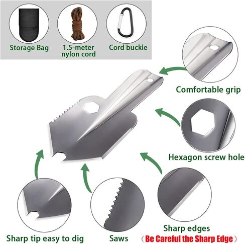 مجرفة تخييم خفيفة الوزن من ال دبليو سي يو اس ان جيه مصنوعة من الستانلس ستيل 3CR13 للاستخدام الخارجي والحديقة والمشي لمسافات طويلة والتخييم وحفر البستنة مع سلك بطول 1.5 متر ومشبك حبل in Kuwait