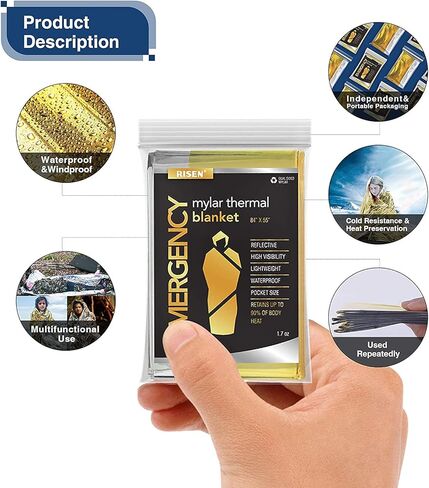 RISEN Emergency Foil Mylar Thermal Blankets - Retains 90% of Body Heat, High Reflective Space Safety Blanket - Ideal Supply for Survival, Outdoors, Camping, Hiking, First Aid (8 Silver) in Saudi Arabia