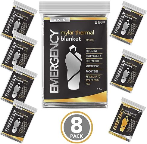 RISEN Emergency Foil Mylar Thermal Blankets - Retains 90% of Body Heat, High Reflective Space Safety Blanket - Ideal Supply for Survival, Outdoors, Camping, Hiking, First Aid (8 Silver) in Saudi Arabia