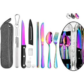 Hommaly Portable Travel Reusable Utensils Silverware with Case,Travel Camping Cutlery set,Chopsticks and Straw Flatware, Stainless steel Utensil set (Black) U