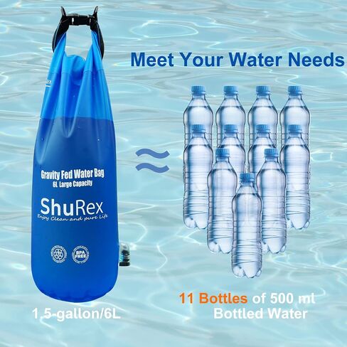 Shurex Gravity-Fed Water Bag for Sawyer Survival Water Filter Straw, 1.5 Gal Large Gravity Water Bladder Compatible with LifeStraw and Other Water Filter Straw, Foldable, BPA-Free (6L) in Kuwait