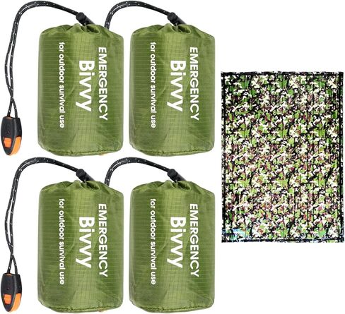 4 Pack Camo Emergency Sleeping Bags Survival Bivvy Sack with Whistles, Lightweight Portable Survival Gear for Outdoor Camping Hiking Keep Warm After Disasters (1PERSON) in Kuwait