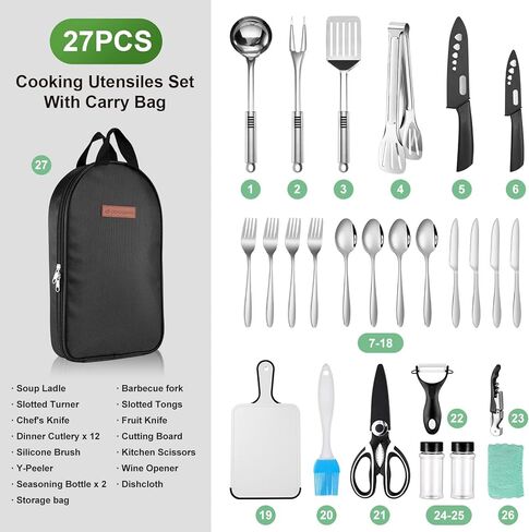 27 قطعة من أدوات التخييم الأساسية من Odoland أدوات طبخ للتخييم في الهواء الطلق وحقيبة الظهر للتخييم ومجموعة الطبخ وملحقات التخييم المحمولة ومجموعة فوضى التخييم خفيفة الوزن للمطبخ البري والسفر in Kuwait