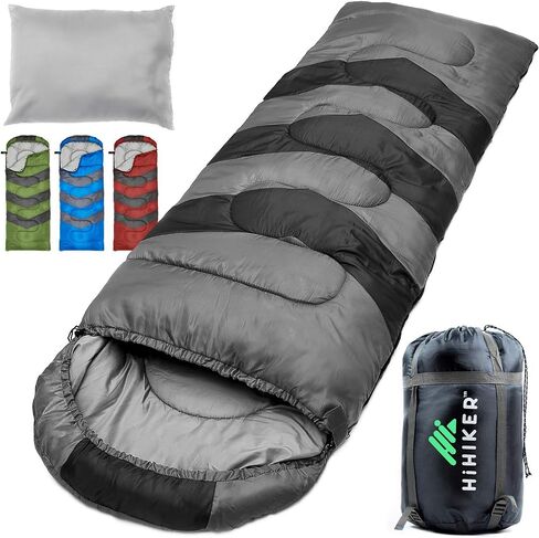HiHiker Camping Sleeping Bag + Travel Pillow w/Compact Compression Sack – 4 Season Sleeping Bag for Adults & Kids – Lightweight Warm and Washable, for Hiking Traveling. in Saudi Arabia