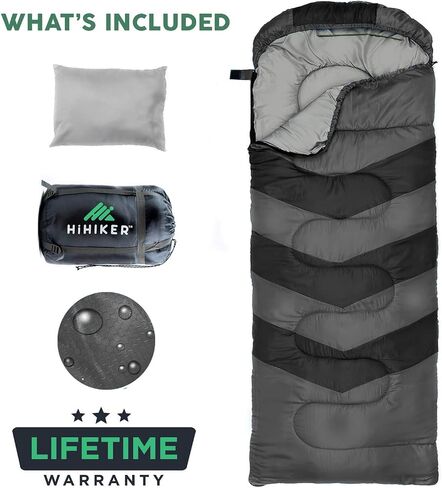 HiHiker Camping Sleeping Bag + Travel Pillow w/Compact Compression Sack – 4 Season Sleeping Bag for Adults & Kids – Lightweight Warm and Washable, for Hiking Traveling. in Saudi Arabia