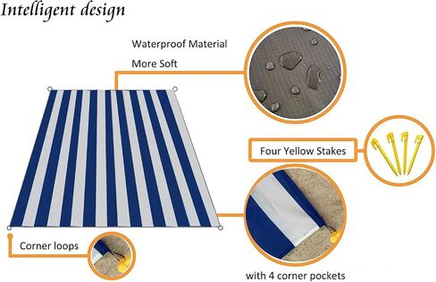 Pocket Blanket, Beach Mat Compact Lightweight Waterproof Sandproof | Foldable, Easy to Carry, Stakes & Carabiner Included, Quick Dry Outdoor Blanket for Beach, Hiking, Camping, Travel, Festivals in Kuwait