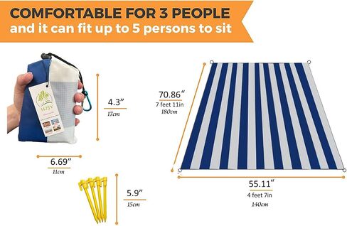 Pocket Blanket, Beach Mat Compact Lightweight Waterproof Sandproof | Foldable, Easy to Carry, Stakes & Carabiner Included, Quick Dry Outdoor Blanket for Beach, Hiking, Camping, Travel, Festivals in Kuwait