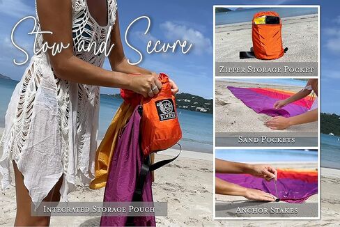 بطانية BINDLE Eco-Beach مقاس 10'x9' كبيرة جدًا، مادة خفيفة الوزن معاد تدويرها، خالية من الرمال ومقاومة للماء، سجادة نزهة محمولة كبيرة الحجم للسفر والتخييم في الهواء الطلق، أجواء غروب الشمس in Kuwait
