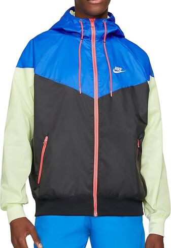 جاكيت رياضي بقلنسوة رجالي بسحاب كامل من Nike Sportswear Windrunner مقاس X-Large, أسود / أزرق إشارة / آيس ليموني/ أبيض, XL in Saudi Arabia