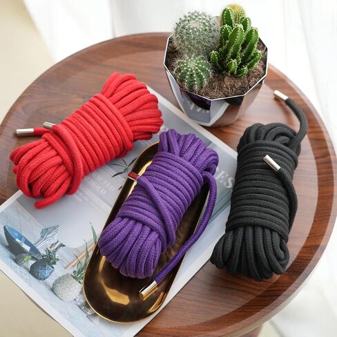 حبل قطني ناعم من BAVIHOR، حبل مضفر ملون متين متعدد الأغراض، حبل طويل ملون بطول 32 قدم 8 مم (أسود، أحمر) in Kuwait