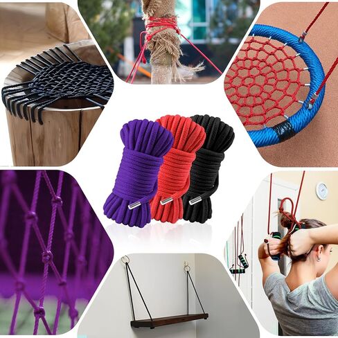 حبل قطني ناعم من BAVIHOR، حبل مضفر ملون متين متعدد الأغراض، حبل طويل ملون بطول 32 قدم 8 مم (أسود، أحمر) in Kuwait