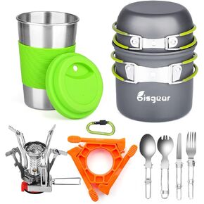 Bisgear Camping Cookware Portable Backpacking Stove Canister Stand Tripod Stainless Steel Cup Flatware Mess Kit - Camping Pot and Pans Cooking Set - Camping Gear Must Haves