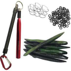 Wacky Rig Worm Fishing Tool Kit - Wacky Rig Tool, 125 Wacky Worm O-Rings, 10 Weedless Fishing Hooks and 6 Senko Style Salted Worms Stick Bait for Bass Fishing