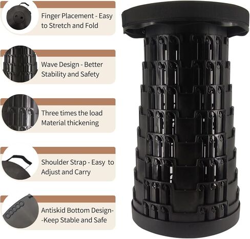 Folding Retractable Stool with Load Capacity 660 LB, Black Upgraded Foldable Camping Stool Portable Collapsible Stool for Outdoor Hiking Fishing BBQ Gardening Trips in Kuwait