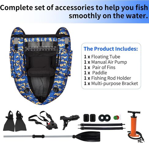UNITACKLE Inflatable Float Tube, with Paddles, Fish Ruler, Air Pump, Storage Bag, Adjustable Shoulder Straps, Weight Capacity of 286 pounds, Suitable for Adults Fishing in Rivers and Lakes, Blue White in Kuwait