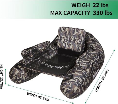 UNITACKLE Inflatable V-Shape Float Tube, Weight Capacity 330 lbs, Manual Air Pump, Adjustable Backpack Straps, Inflatable Backrest, Storage Bag, Paddle, Fishing Ruler, Rod Holder (Camo Green Grey) in Kuwait