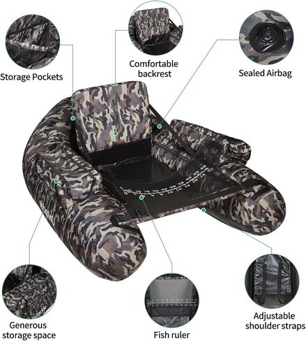 UNITACKLE Inflatable V-Shape Float Tube, Weight Capacity 330 lbs, Manual Air Pump, Adjustable Backpack Straps, Inflatable Backrest, Storage Bag, Paddle, Fishing Ruler, Rod Holder (Camo Green Grey) in Kuwait