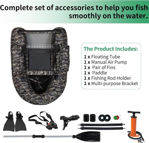 UNITACKLE Inflatable V-Shape Float Tube, Weight Capacity 330 lbs, Manual Air Pump, Adjustable Backpack Straps, Inflatable Backrest, Storage Bag, Paddle, Fishing Ruler, Rod Holder (Camo Green Grey) in Kuwait