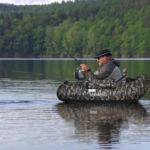 UNITACKLE Inflatable V-Shape Float Tube, Weight Capacity 330 lbs, Manual Air Pump, Adjustable Backpack Straps, Inflatable Backrest, Storage Bag, Paddle, Fishing Ruler, Rod Holder (Camo Green Grey) in Kuwait