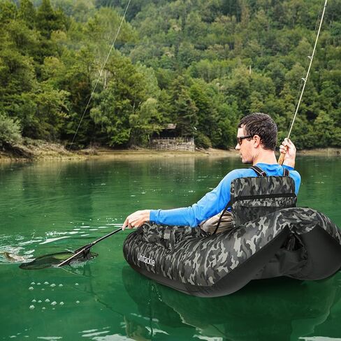 UNITACKLE Inflatable V-Shape Float Tube, Weight Capacity 330 lbs, Manual Air Pump, Adjustable Backpack Straps, Inflatable Backrest, Storage Bag, Paddle, Fishing Ruler, Rod Holder (Camo Green Grey) in Kuwait