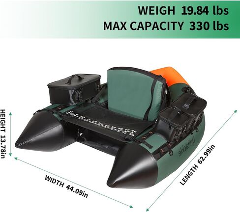 UNITACKLE Inflatable V-shape Fishing Float Tube, with Detachable Side Bags, Fishing Tape, with Hand Pump, Paddle, Rod Holder, 330lb Load Capacity, for Outdoor Fishing in Rivers and Lakes (Green Black) in Kuwait