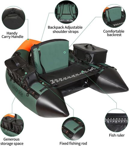UNITACKLE Inflatable V-shape Fishing Float Tube, with Detachable Side Bags, Fishing Tape, with Hand Pump, Paddle, Rod Holder, 330lb Load Capacity, for Outdoor Fishing in Rivers and Lakes (Green Black) in Kuwait