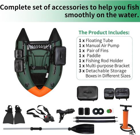 UNITACKLE Inflatable V-shape Fishing Float Tube, with Detachable Side Bags, Fishing Tape, with Hand Pump, Paddle, Rod Holder, 330lb Load Capacity, for Outdoor Fishing in Rivers and Lakes (Green Black) in Kuwait