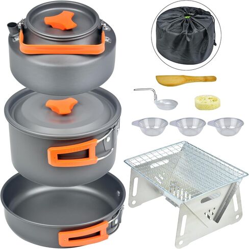Camping Cookware Set,10 pcs Utensils Kit for 2-3 Person, Stainless Pan, Pot, Kettle, Barbecue Rack, 2 Spoon, 3 Bowls and Nylon Bag for Outdoor Cooking and Picnic in Saudi Arabia