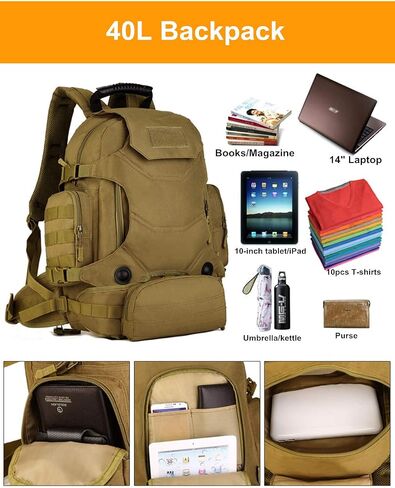 UNISTRENGH 40L مقاوم للماء التكتيكية العسكرية MOLLE الاعتداء على ظهره حزمة 3 طريقة المرفقات وحدات حقيبة كبيرة حقيبة الظهر مع التصحيح الرياضة في الهواء الطلق والعتاد للصيد ركوب الدراجات التخييم الرحلات، ذئب البني in Kuwait
