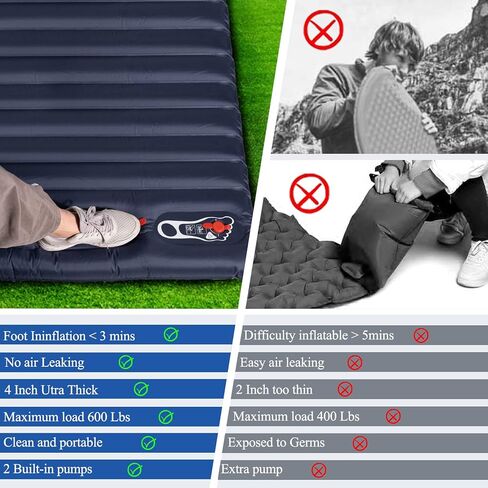 وسادة نوم مزدوجة من CHANODUG - مرتبة تخييم سميكة للغاية مقاس 4 بوصات - مرتبة لشخصين - حصيرة نوم قابلة للنفخ بحجم كوين خفيفة الوزن - معدات التخييم الصيفية، سجادات نوم محمولة للخيمة/المشي لمسافات طويلة/السفر in Kuwait