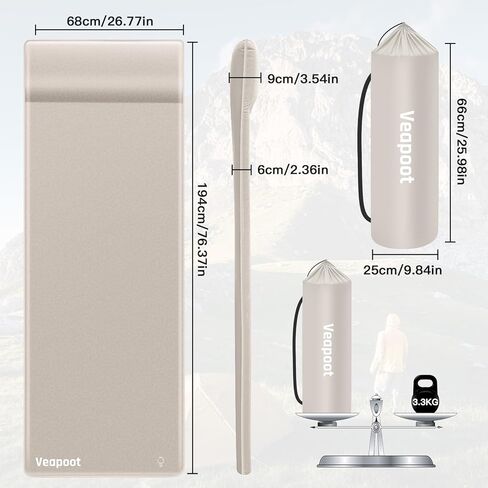 وسادة نوم Veapoot ذاتية النفخ - مرتبة تخييم سميكة للغاية 6 سم مع وسادة مدمجة، وسادة تخييم 20 ثانية وسادة نوم إسفنجية سريعة النفخ للخيمة/المشي لمسافات طويلة/التخييم/السفر in Kuwait