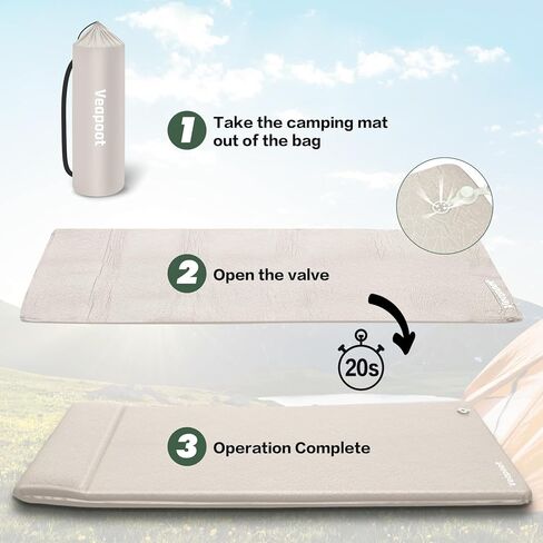 وسادة نوم Veapoot ذاتية النفخ - مرتبة تخييم سميكة للغاية 6 سم مع وسادة مدمجة، وسادة تخييم 20 ثانية وسادة نوم إسفنجية سريعة النفخ للخيمة/المشي لمسافات طويلة/التخييم/السفر in Kuwait